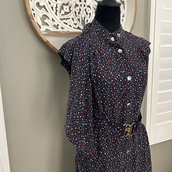 Coach Dress Silk Signature Navy Pink Dot SZ2 Sleeveless Midi Belted Classic - Picture 4 of 12